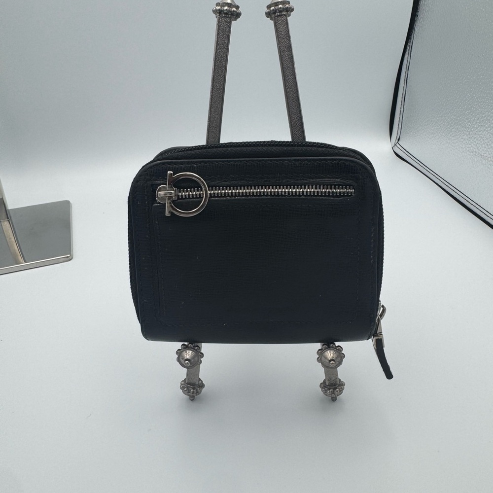 Salvatore Ferragamo Black Zip Wallet with Silver Hardware